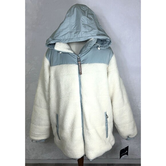 Artic Expedition Women's Berber Coat Hidden Hood Ivory Blue-Grn Size Medium NEW - Picture 2 of 16